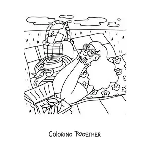 Coloring page of a girl reading at a picnic