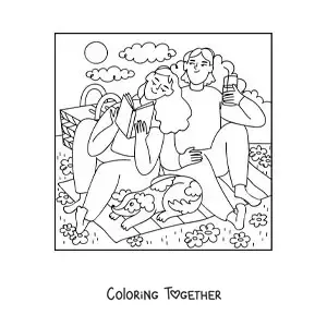 Coloring page of a couple reading at a picnic with their dog