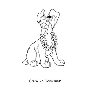 Coloring page of a cartoon dog sitting and wearing a flower collar
