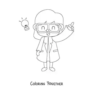 Coloring page of a kawaii woman scientist in a lab coat