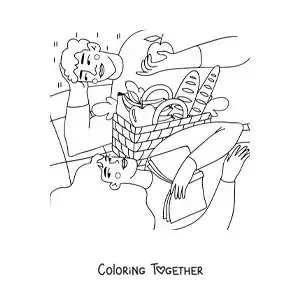 Coloring page of a couple of sweethearts at a picnic reading and eating