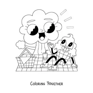 Coloring page of a cartoon of an ice cream at a picnic in the park