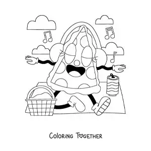 Coloring page of a cartoon of a slice of pizza at a picnic