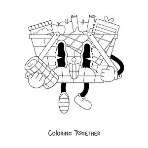 Coloring page of a cartoon of a picnic basket