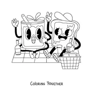 Coloring page of a cartoon of a sandwich at a picnic