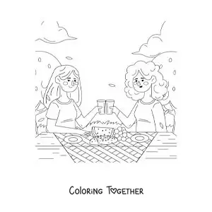 Coloring page of two girls toasting at a table at a picnic