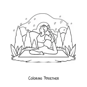 Coloring page of a girl practicing yoga in nature