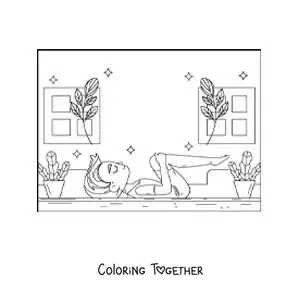 Coloring page of a boy practicing yoga at home