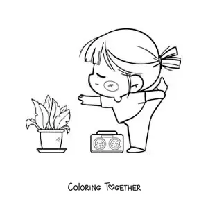 Coloring page of a kawaii girl doing yoga with music