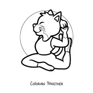 Coloring page of a cartoon of a cat practicing yoga