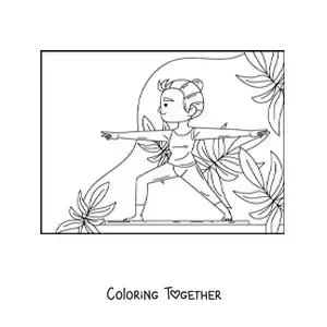 Coloring page of a girl in the warrior 2 pose