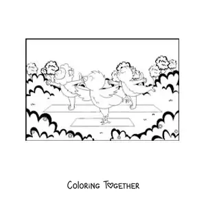 Coloring page of cartoon animals practicing yoga