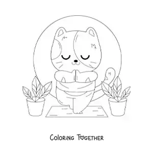 Coloring page of a cartoon cat practicing yoga in the tree pose