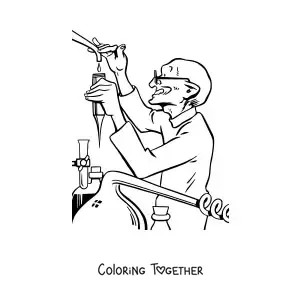 Coloring page of a scientist doing a chemistry experiment