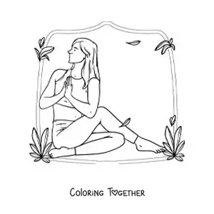 Coloring page of a woman doing yoga stretches