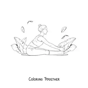 Coloring page of a girl doing yoga stretches