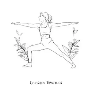 Coloring page of a woman doing the warrior 2 pose