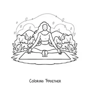 Coloring page of a girl meditating on a yoga mat in the park