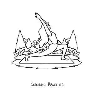 Coloring page of a girl practicing yoga on a mat in the park