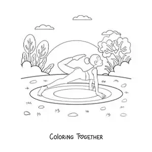 Coloring page of a woman practicing yoga in the park