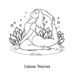 Coloring page of a woman doing the pigeon pose in the park