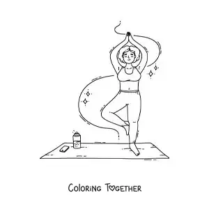 Coloring page of a girl doing the tree pose next to her phone and her water