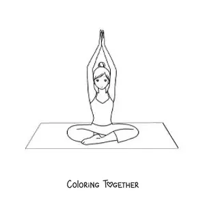 Coloring page of a girl doing stretches on a yoga mat