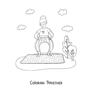 Coloring page of a woman doing yoga in a park