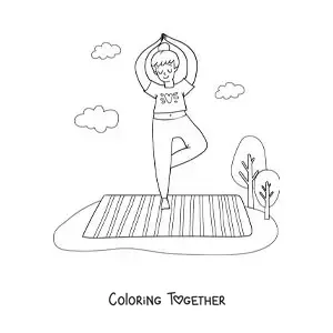 Coloring page of a woman doing the tree pose in a park