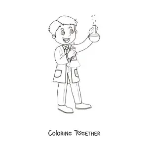 Coloring page of a cartoon scientist holding two chemical flasks