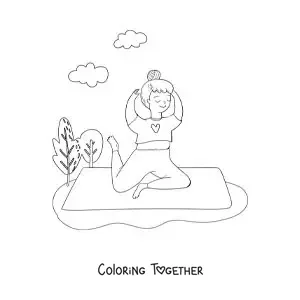 Coloring page of a teenage girl doing the pigeon pose in the park