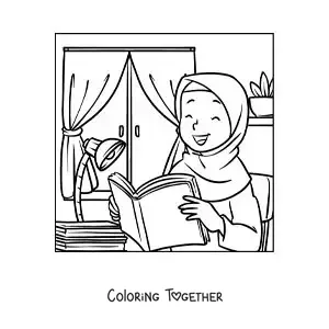 Coloring page of a girl wearing a hijab reading a book in her room