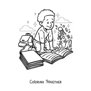 Coloring page of a boy reading a book about sea animals that comes to life