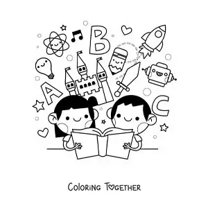 Coloring page of two children reading a book with cartoons