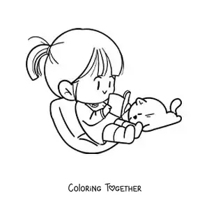 Coloring page of a kawaii girl sitting and reading a book next to her cat
