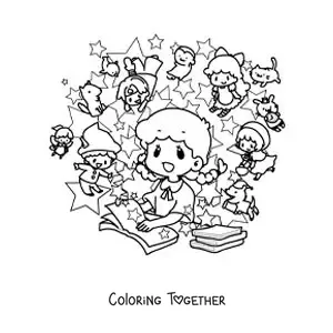 Coloring page of a kawaii girl reading a book with animated characters that come to life