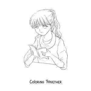 Coloring page of an anime-style girl reading a book