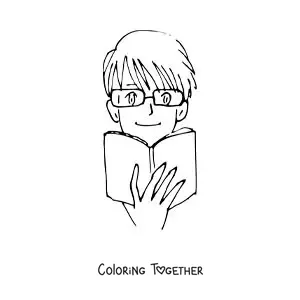 Coloring page of an anime-style boy reading a book
