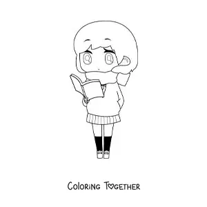 Coloring page of a kawaii chibi-style girl reading a book