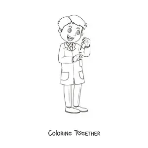 Coloring page of a cartoon scientist doing an experiment in a test tube