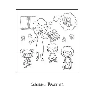 Coloring page of a teacher reading a story to her students in the classroom