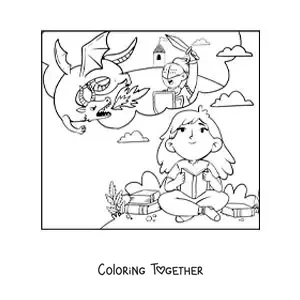 Coloring page of a girl reading a fantasy story and imagining the dragons