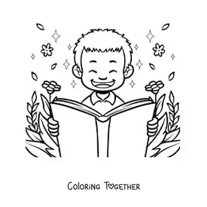 Coloring page of a happy boy reading surrounded by flowers