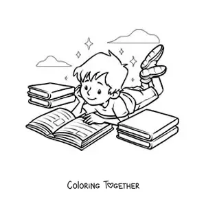 Coloring page of a boy lying down reading a book
