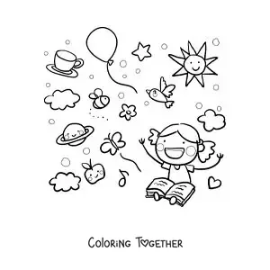 Coloring page of a girl reading surrounded by the animated characters from the story