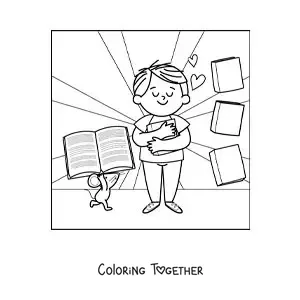Coloring page of a boy hugging a book next to a cartoon mouse bringing him more books