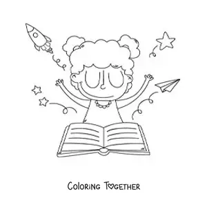 Coloring page of a girl in front of an open book letting her imagination soar