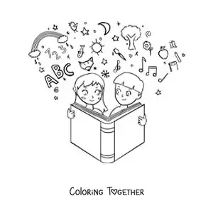 Coloring page of two children reading a book to learn