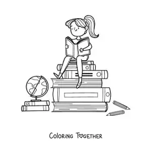 Coloring page of a girl sitting on a pile of books reading