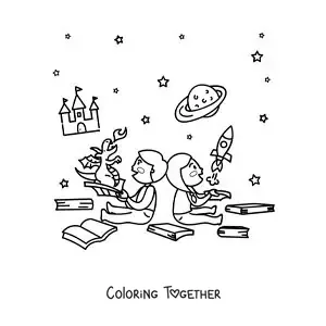 Coloring page of two children sitting with open books that come to life